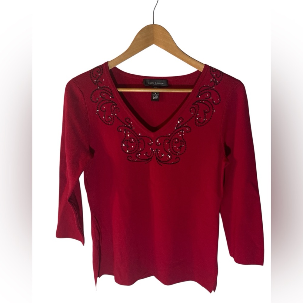 H3- Red Embellished Long Sleeve Top medium